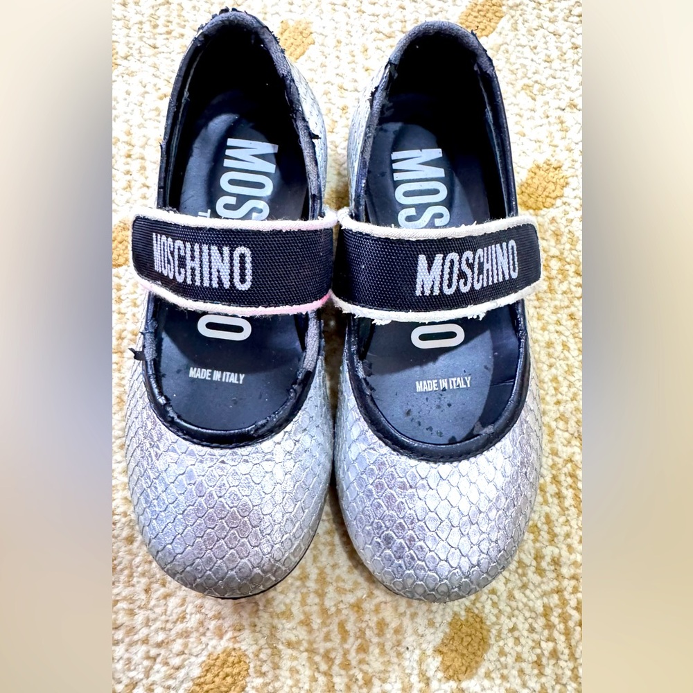 Moschino Kids Silver Dress Shoes with Black Strap